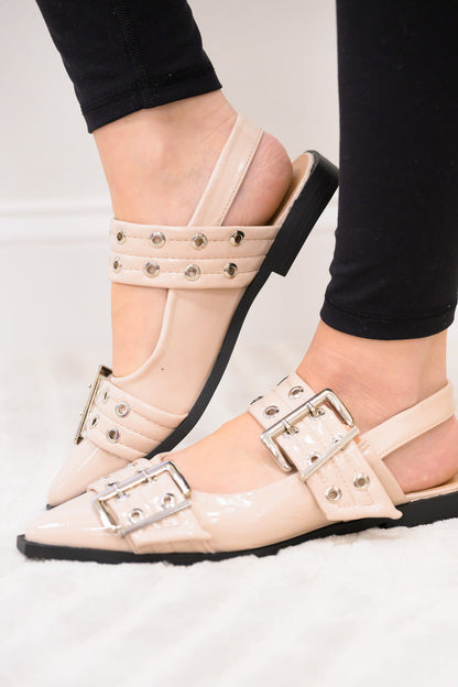 Rivets Pointed Toe Mary Jane Flats - Nude