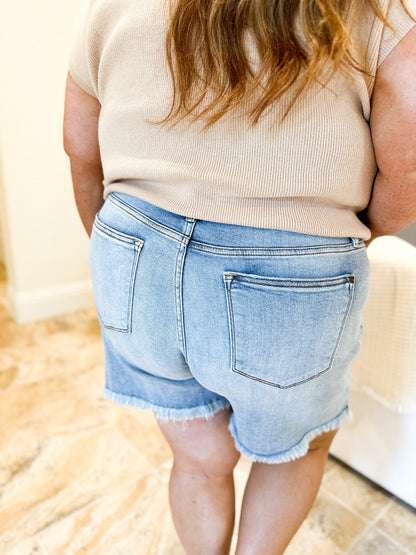 Judy Blue Boardwalk High Rise Frayed Hem Cut Off Dad Shorts