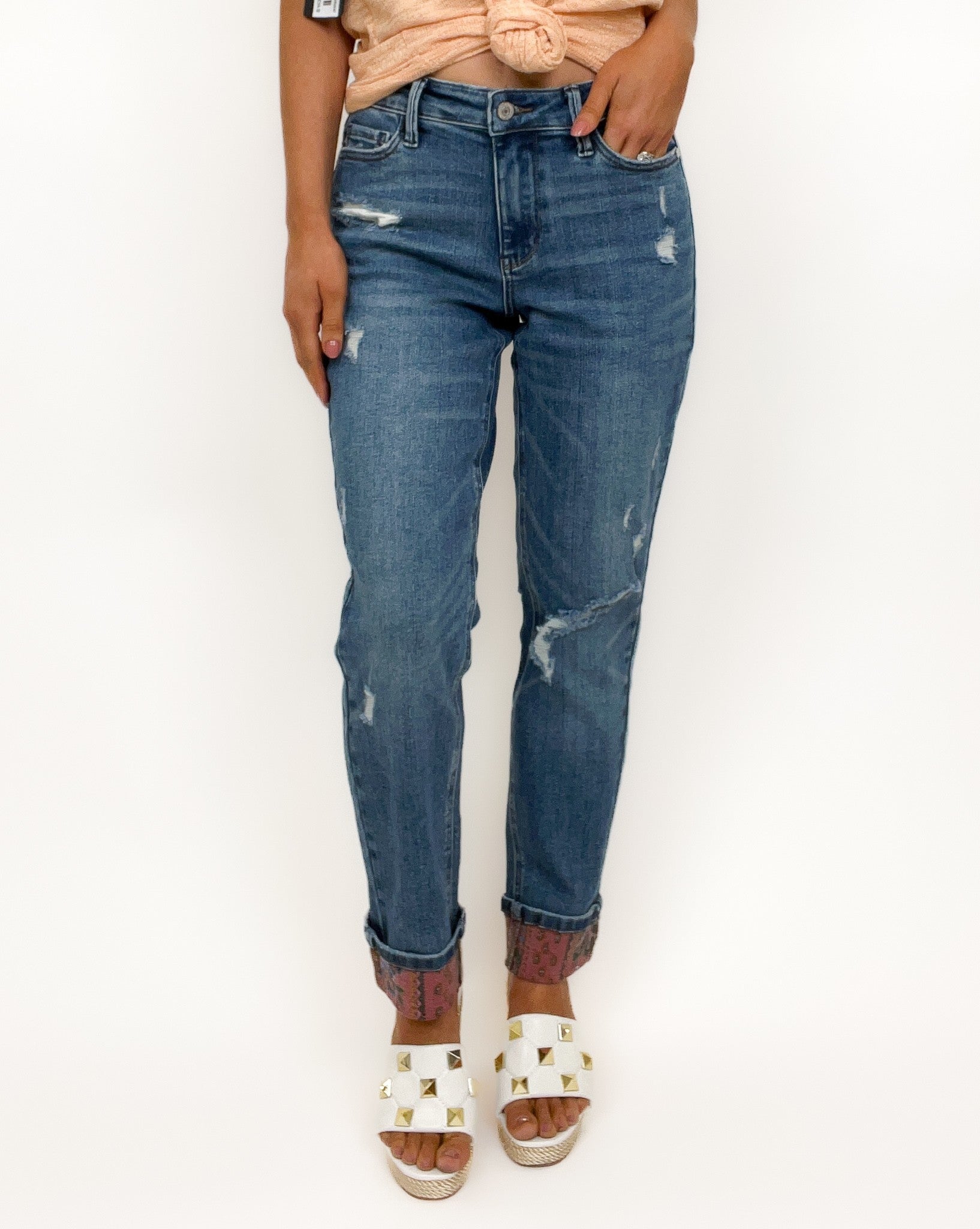Judy Blue Paisley Patch Cuff Boyfriend Jeans