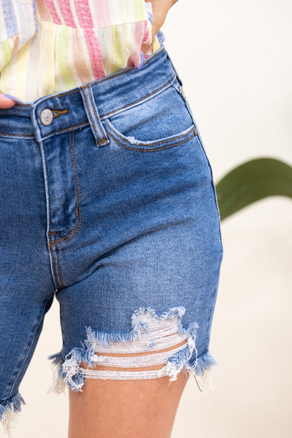 Judy Blue Game Time Shine Mid Rise Fray Hem Shorts