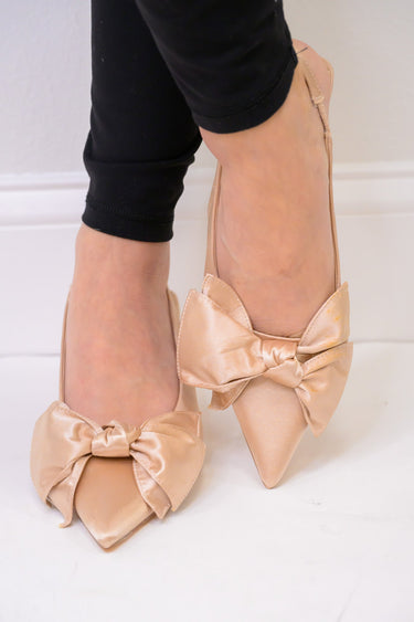 The Gloria Satin Bow Pumps - Beige