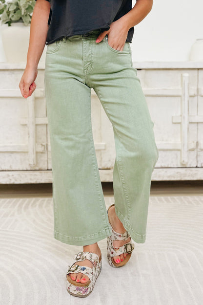 Clocked In By Risen - Mid Rise Tummy Control Adjustable Waistband Jeans - Olive