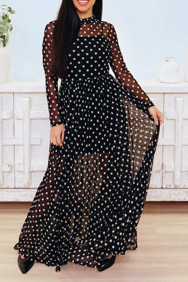 On The Spot Polka Dot Mesh Maxi Dress