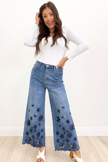 Faithfully Floral Cutout Flower Pants - Denim - By Alexa Rae