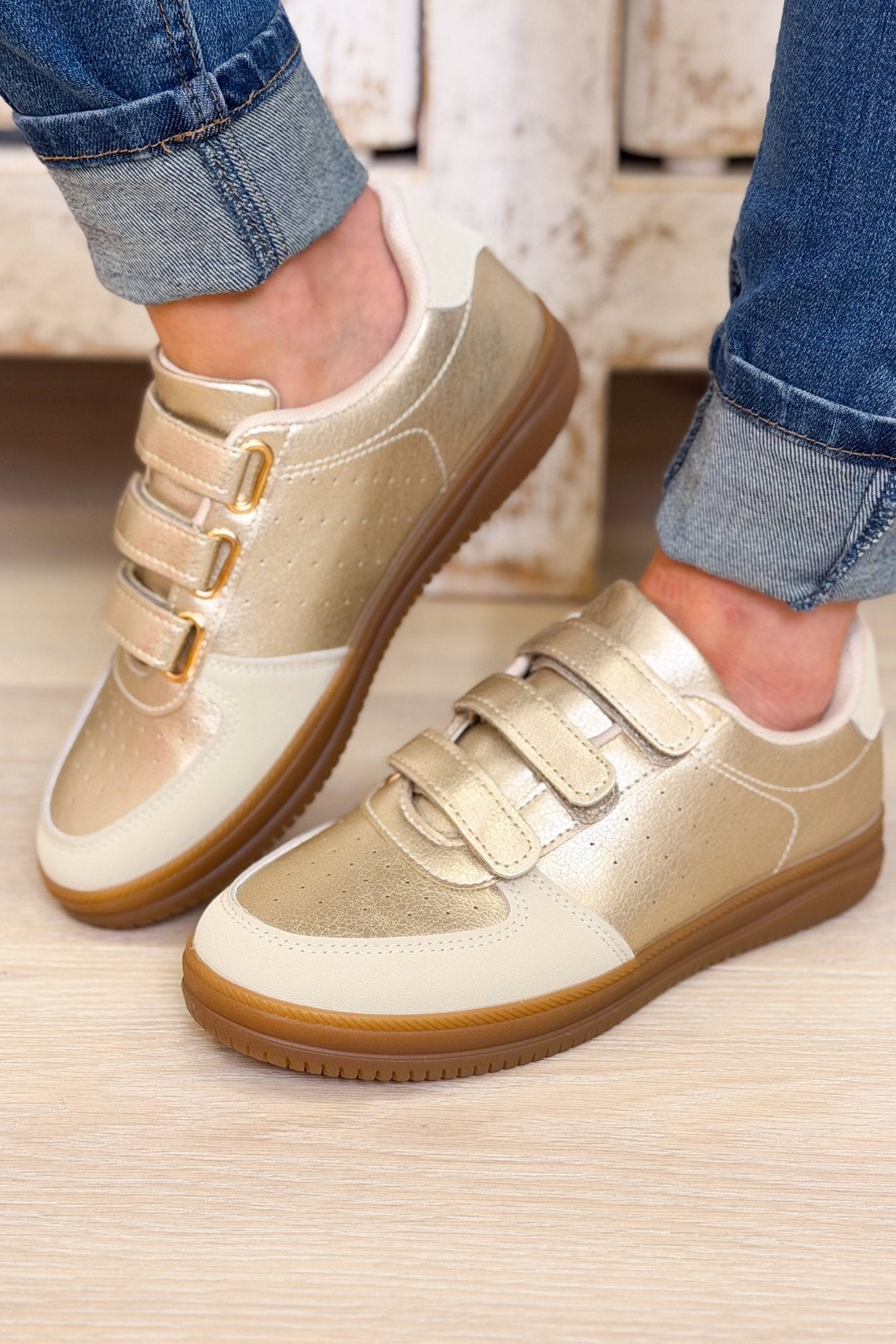 Gana Velcro Strap Casual Sneakers - GOLD - GOLD / 5