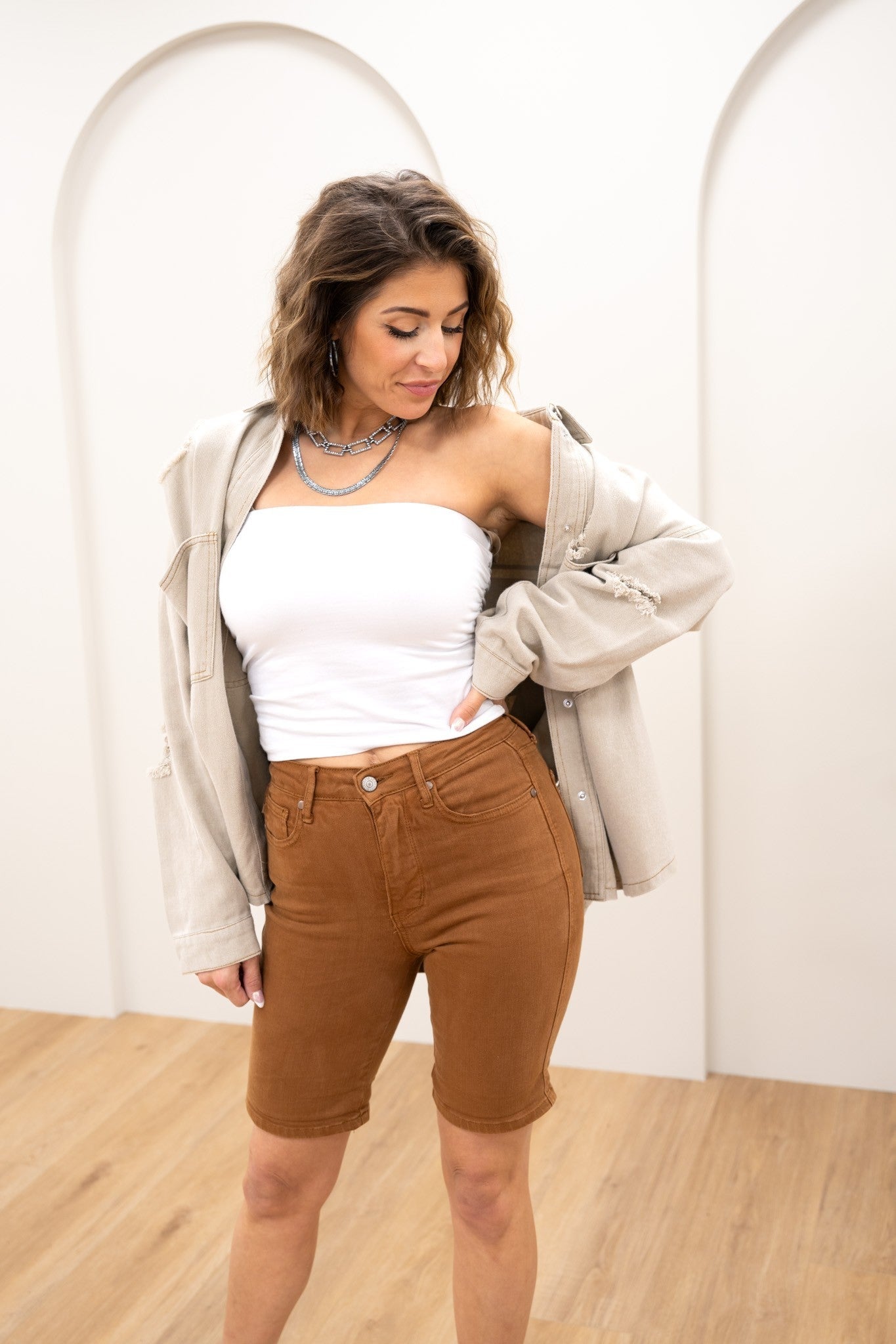 Judy Blue Babe Watch High Rise Tummy Control Bermuda Shorts - Brown