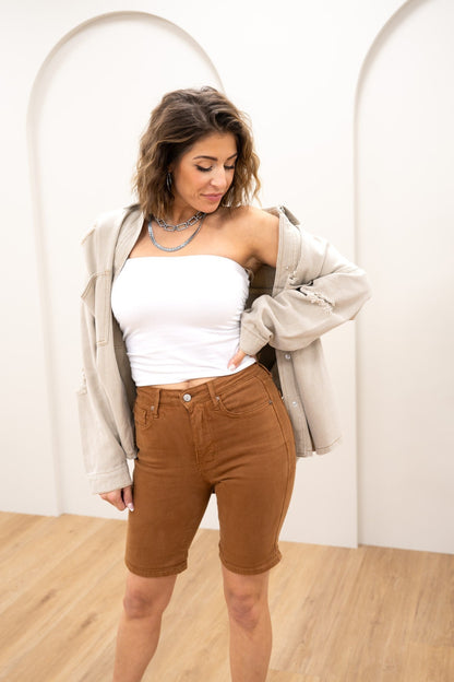 Judy Blue Babe Watch High Rise Tummy Control Bermuda Shorts - Brown