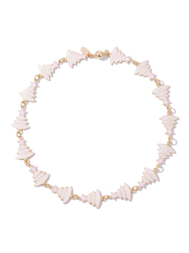Rockin Around The Christmas Tree Necklace  - Gold Metallic Pearl White Tree