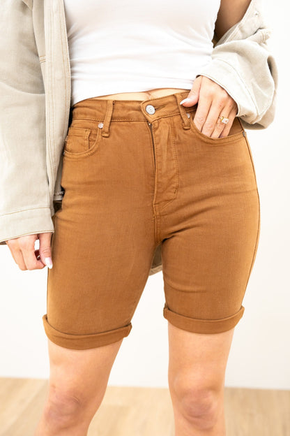 Judy Blue Babe Watch High Rise Tummy Control Bermuda Shorts - Brown
