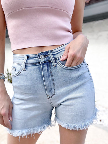 Judy Blue Boardwalk High Rise Frayed Hem Cut Off Dad Shorts