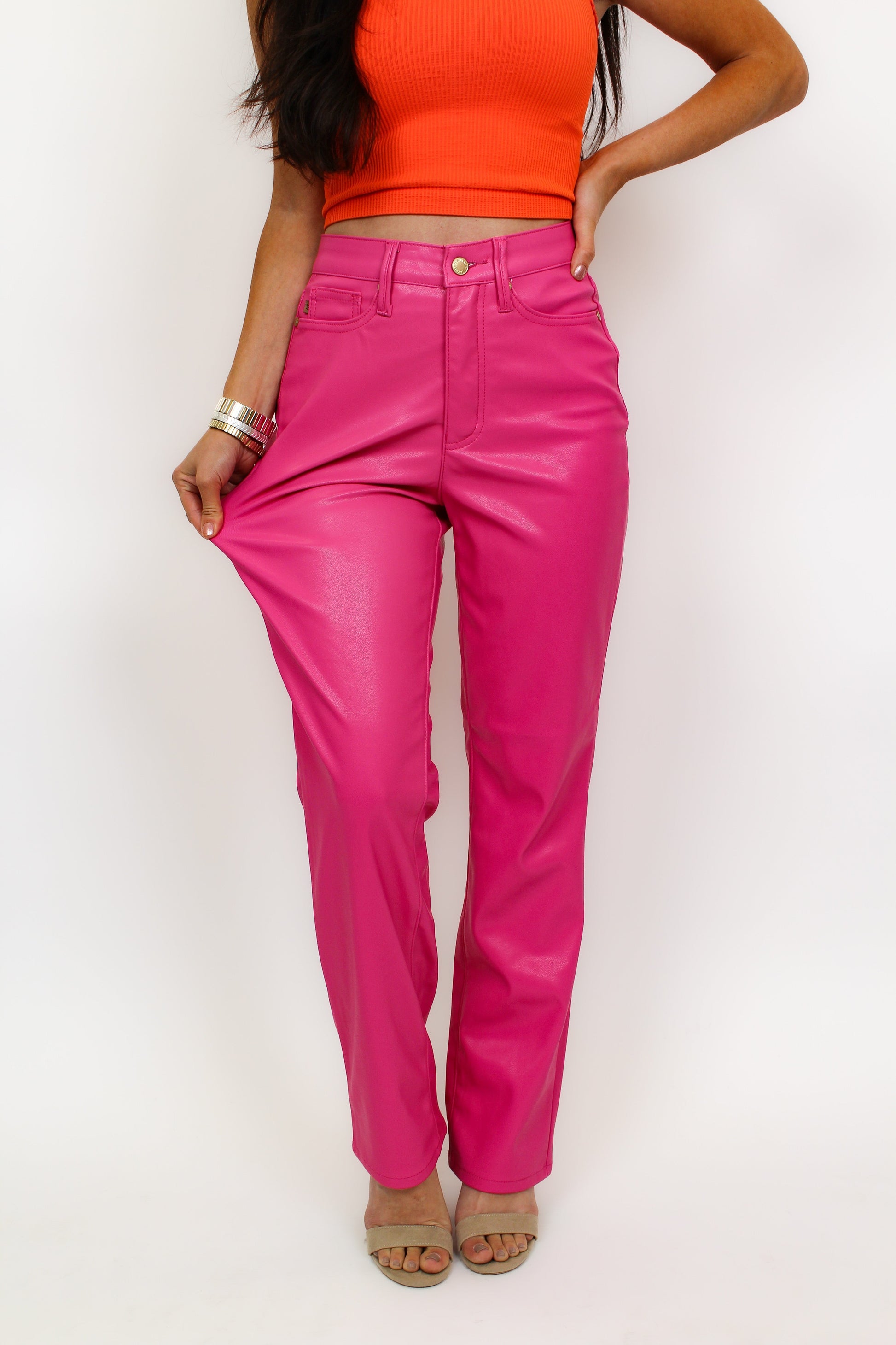 Judy Blue Barbie Girl Tummy Control Faux Leather Pants - Hot Pink