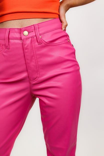 Judy Blue Barbie Girl Tummy Control Faux Leather Pants - Hot Pink