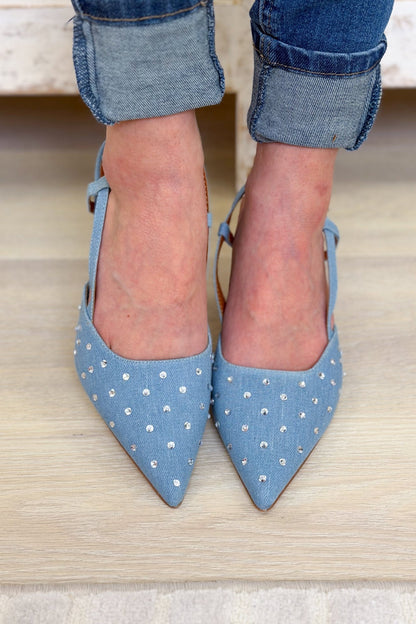 Skye Crystal Denim Slingback Heels - Denim - By Alexa Rae