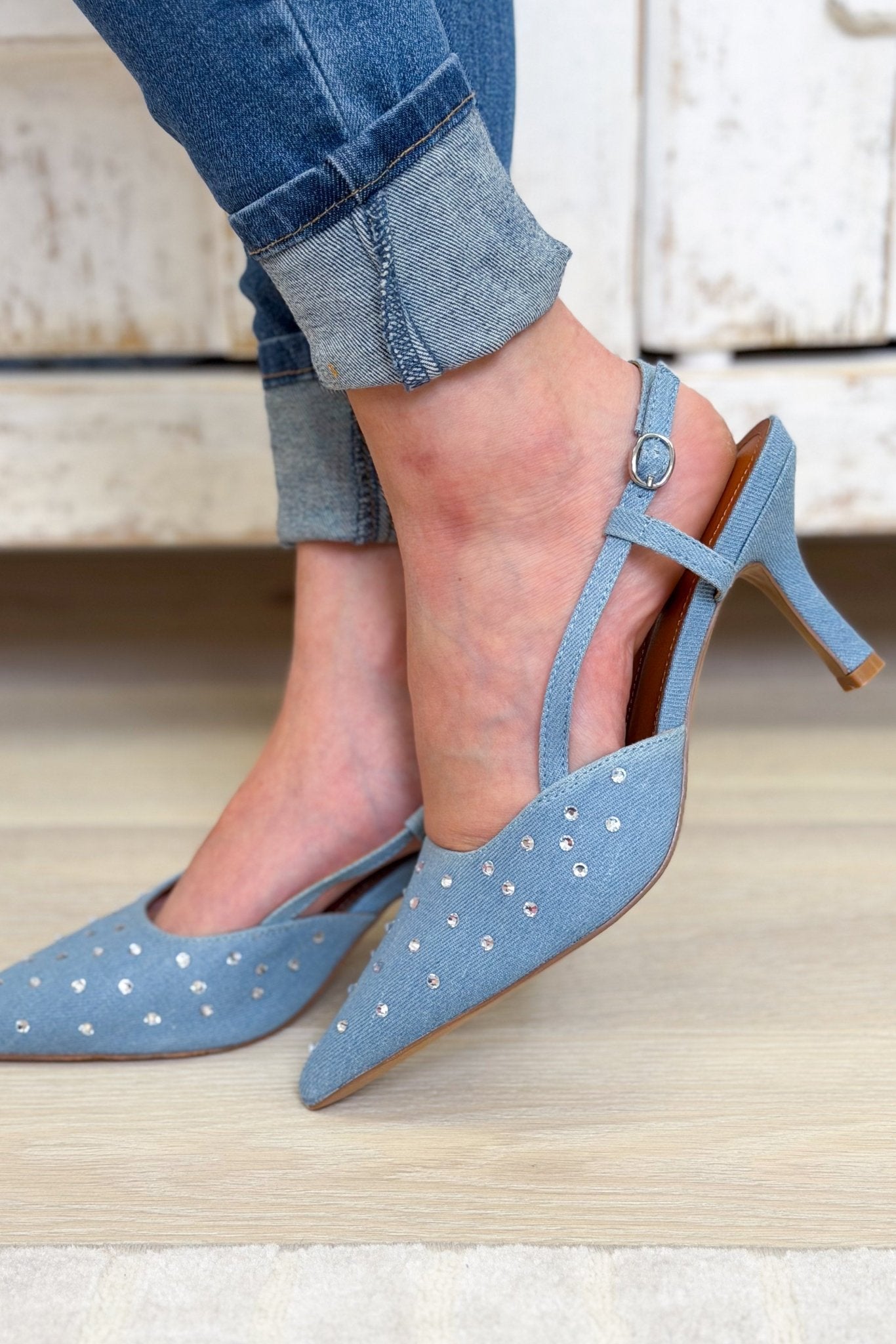 Skye Crystal Denim Slingback Heels - Denim - By Alexa Rae