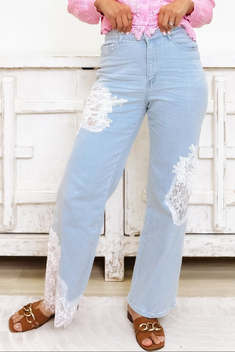Sweet Piece By Blue B - Mid Rise Lace Detail Jeans - Light Wash - By Alexa Rae