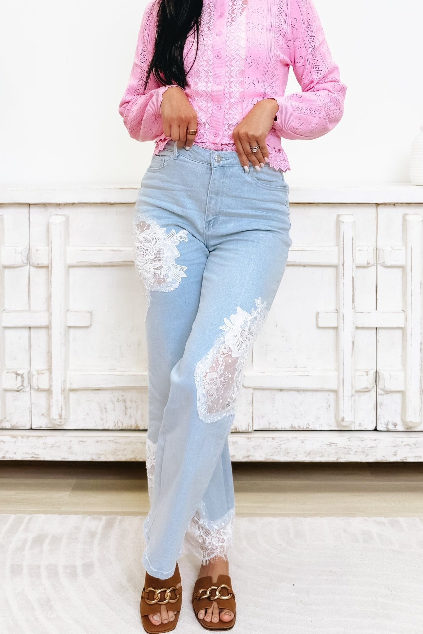 Sweet Piece By Blue B - Mid Rise Lace Detail Jeans - Light Wash - By Alexa Rae