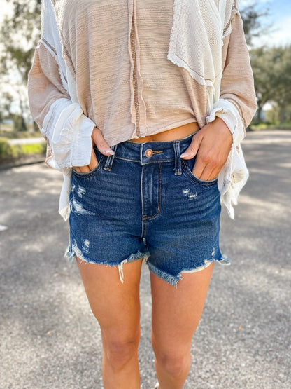 Judy Blue Here Comes The Sun High Rise Rigid Magic Frayed Hem Shorts