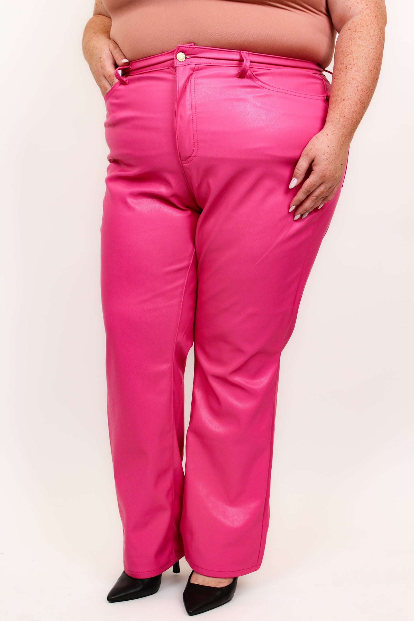 Judy Blue Barbie Girl Tummy Control Faux Leather Pants - Hot Pink