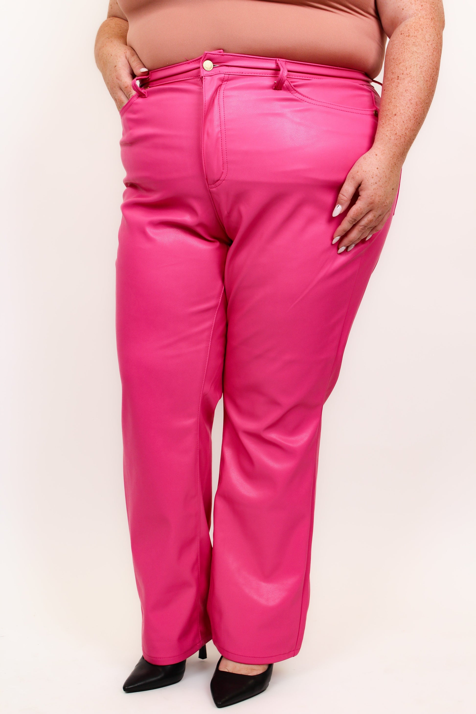 Judy Blue Barbie Girl Tummy Control Faux Leather Pants - Hot Pink