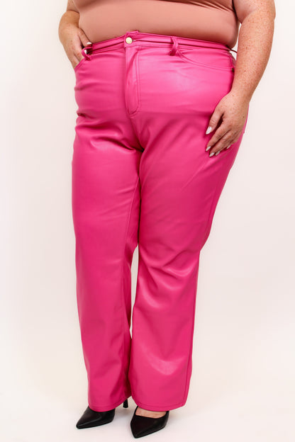 Judy Blue Barbie Girl Tummy Control Faux Leather Pants - Hot Pink