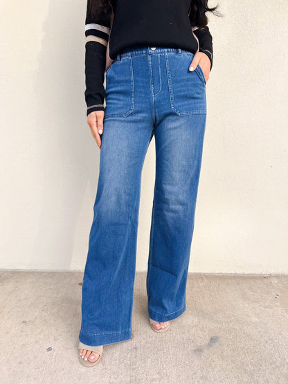 Out On The Town Wide Leg Jeans - Light Denim