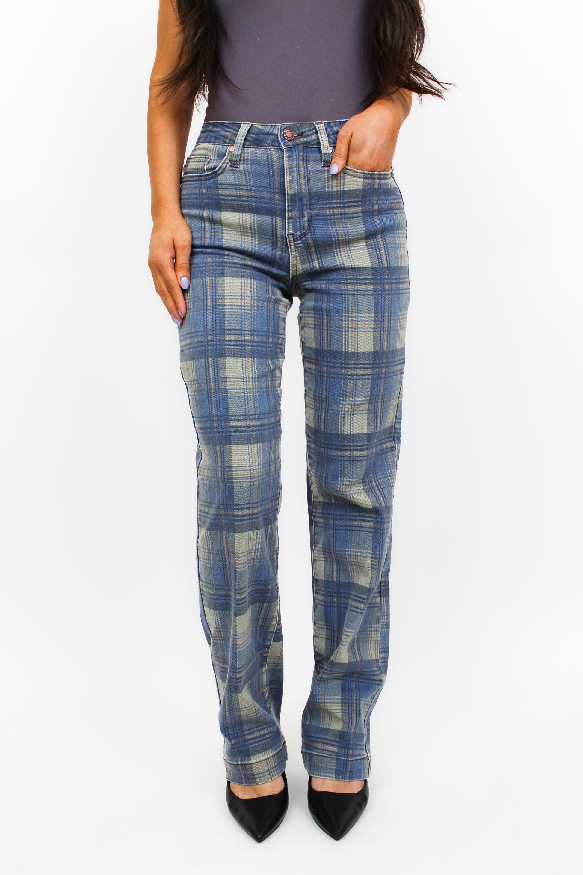 Judy Blue Vintage Plaid Straight Jeans